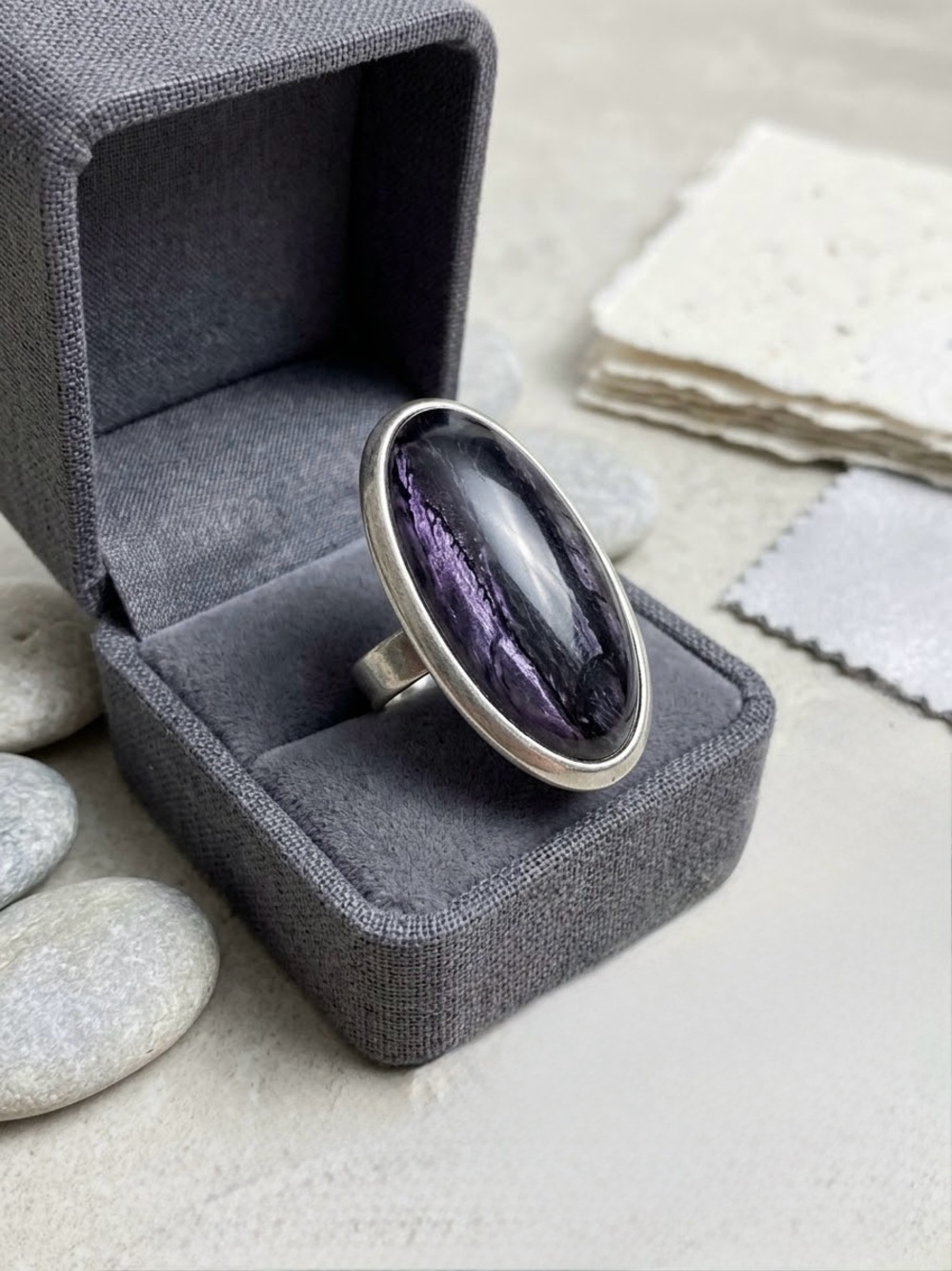 Vintage Oval Charoite Gemstone Ring Smooth Bezel Setting Purple Silver Size 6.5